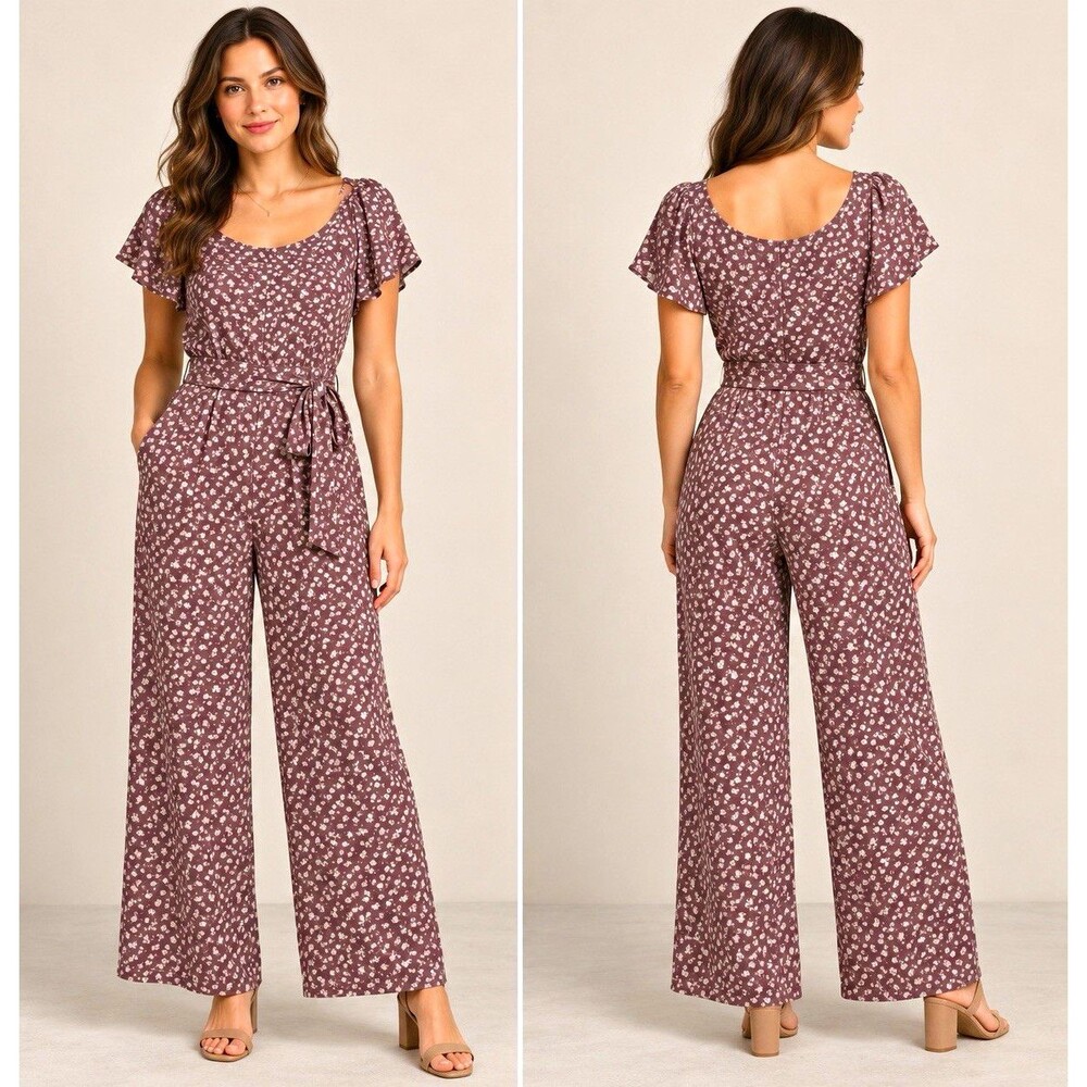 Monteau Purple/White Floral Jumpsuit XL Wide-Leg Belted Zip Scoop Neck